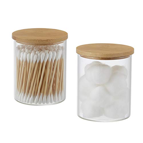 INIUNIK Qtip Holder with Bamboo Vanity Tray, Glass Apothecary Jars with Lids, Cotton Ball Swab Pad Rounds Holder Bathroom Canister Jars for Bathroom Restroom Decorations and Organizer - size: 2 Pack with Tray