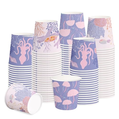 RUSPEPA 5oz Disposable Paper Cups, Bathroom Cups Small Mouthwash, 100 Pack Set Ocean Theme Design, Perfect for Hot/Cold Beverage Coffee, Dessert for Birthday Parties, Home-use, Picnic, BBQ, Travel - color: Ocean, size: 5oz