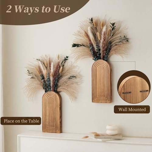 2 Pack Wooden Wall Vase Set with Pampas Grass Eucalyptus, Modern Farmhouse Boho Wall Decor for Living Room, Entryway, Hallway, Bathroom, Dining Room, Brown Wall Art for Home Decoration - color: Brown With Dry Flowers