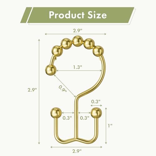 Amazer Gold Shower Curtain Hooks, 12PCS Rust-Resistant Metal Double Shower Curtain Rings for Curtain Rolling Shower Hooks, Shower Rings for Bathroom Shower Curtain Rod - color: Gold, style: Modern - Double Hooks