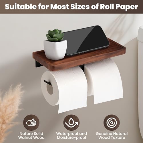 Double Toilet Paper Holder with Walnut Wood Shelf - Wall Mount & Self-Adhesive Bathroom Tissue Roll Holder, Black Stainless Steel with Walnut Shelf for Phone - Home Apartment Restroom - color: Walnut & Matte Black Double Hooks