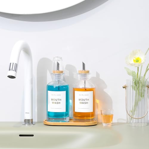 11.8OZ Glass Mouthwash Dispenser for Bathroom with Stainless Steel & Bamboo Nozzle, Mouthwash Cup Reusable, Bamboo Tray, and Elegant Gold Sticker.Set of 2（Clear - color: Clear/350*2