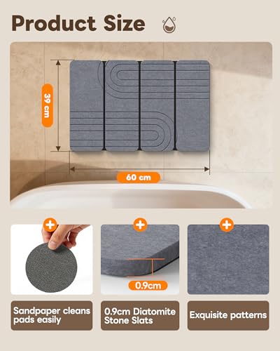 Foldable Diatomaceous Earth Bath Mat, Quick-Dry Stone Bathroom Mat, 60cm x39cm x0.9cm No Slip Absorbent Mat for Bathrooms, Households, and Kitchens