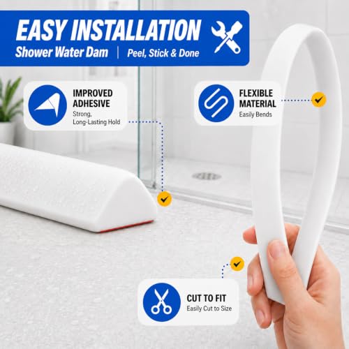 67 Inch Collapsible Shower Water Dam, Shower Threshold Water Dam Shower Barrier, Dry and Wet Separation Door Dam Water Stopper Kitchen Shower Threshold Silicon Water Blocker(Mini Trapezoid) | Flexible silicone water barrier for showers, sinks, and counter