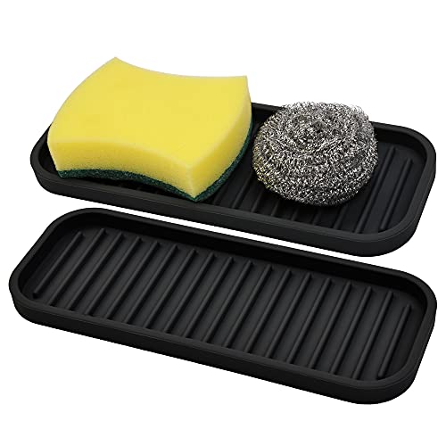 Silicone Sponge Holder for Kitchen Sink - Kitchen Soap Tray & Sponge Tray | Silicone soap dish, soap holder, dish sponge holder dish scrubber, soap dispenser tray, kitchen sink organizer, 2 pack black - color: Black