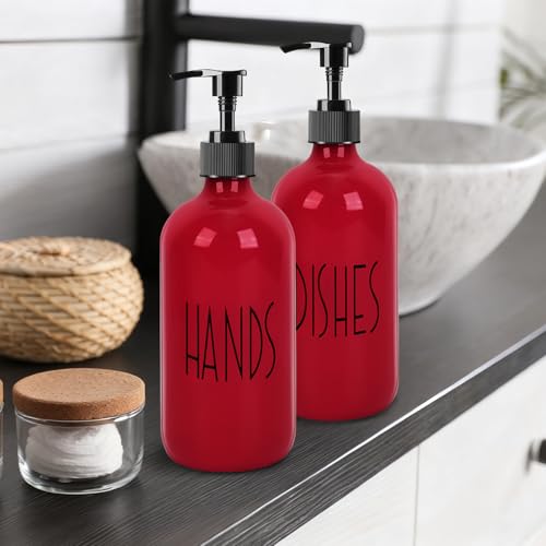 Dish Soap Dispenser for Kitchen - 16 OZ Glass Hand Soap Dispenser Set - Kitchen Bathroom Decor and Accessories (Red) - color: Red