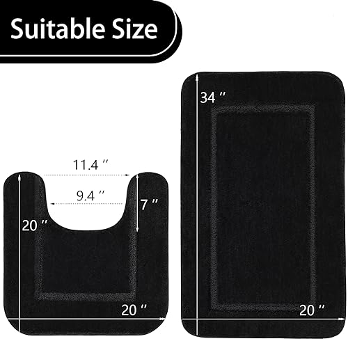 LOCHAS Bathroom Rug Set Black, Soft Bath Rug Set 2 Piece, Toilet Mat U-Shaped 20x20 and 34x20 Bath Rugs, Quickly Dry Mats for Bathroom, Tub, Washable, Super Absorbent Floor Mat - color: Black, size: 34" x 20" Plus 20" x 20" (U-Shape)