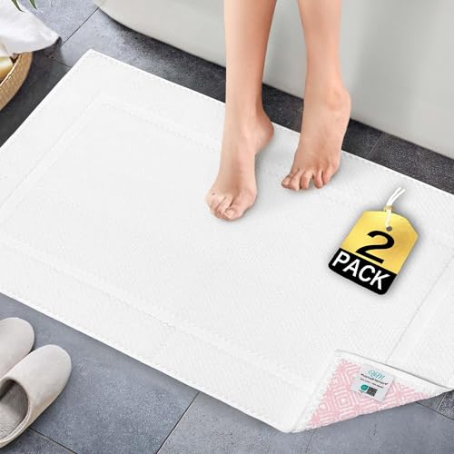 VOOVA & MOVAS Absorbent White Cotton Bath Mats Set of 2 Bathroom Rugs - Non Slip Function, Thick 970gsm, Machine Washable, Luxury Style, Large 20"x32" Rubber Backed Bathroom Mats, Quick-Dry - color: White, size: 19"x35"