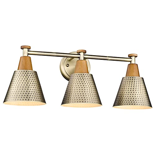 FEMILA Antique Gold Bathroom Vanity Light, 3-Lights Industrial Modern Wall Sconce Bathroom Lighting, Hammered Metal Shade Finish, 4FG59B-3W BG - color: Gold, size: 22"