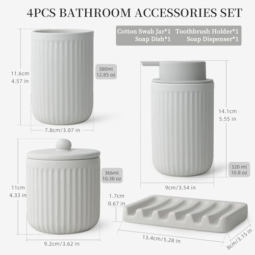 BosilunLife Light Grey Bathroom Accessories Set - Ceramic Bathroom Counter Soap Set Bathroom Decor Sets Accessories Bathroom Foam Soap Dispenser and Toothbrush Holder Set, Soap Dish, Apothecary Jars - color: Light Grey-foam