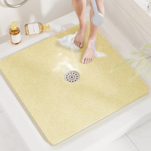 HITSLAM Square Shower Mat, 32 x 32 Inch Non Slip Bath Mat for Tub, Soft PVC Loofah Bathtub Mats with Drain Holes, Quick Drying Bathroom Stall Floor Mat, Bathroom Accessories Without Suction Cup, Beige - color: Beige, size: 32" x 32" (Square)