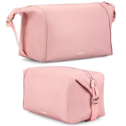KAZAY Expandable Toiletry Bag with Side Clips for Adjustable Sizing, Premium High-Density Nylon, Open Wide Zipper, Stylish, Water Resistant, Cosmetic Bag, Makeup Bag, Full-Size Bottles, Unisex (Pink) - color: Pink