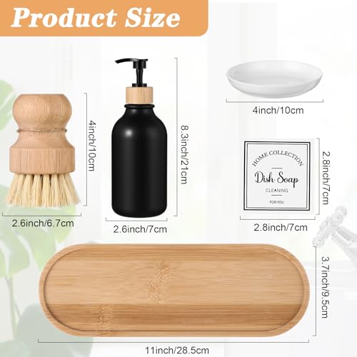 Zopeal 4 Pcs 16 oz Kitchen Soap Dispenser Set with Bamboo Tray and Dish Brush Plastic Soap Dispenser Set with Waterproof Labels for Hand Dish Lotion(Matte Black,White) - color: Matte Black,white