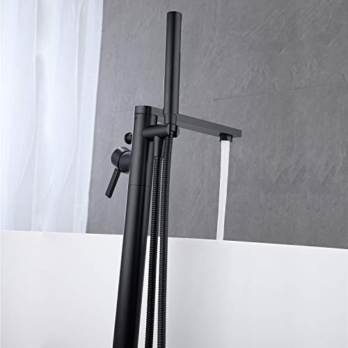 Wowkk Freestanding Bathtub Faucet Tub Filler Black Floor Mount Brass Single Handle Bathroom Faucets with Hand Shower - color: Black, style: Classic