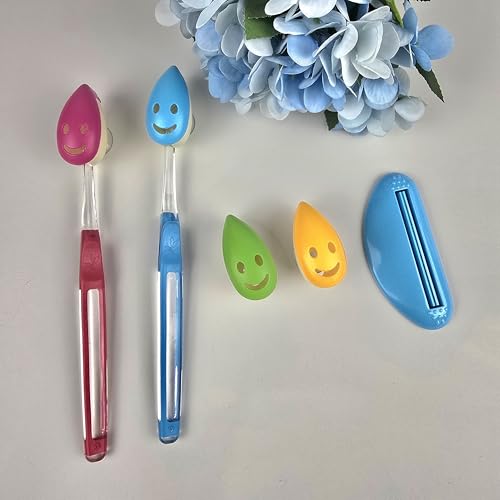 Toothbrush Holder with Suction Cup, 4 Pack Wall Mount Travel Toothbrush Covers for Bathroom Storage, Hygienic Ventilated Cap Case, Bonus Toothpaste Tube Squeezer Set, Oral Hygiene Accessories