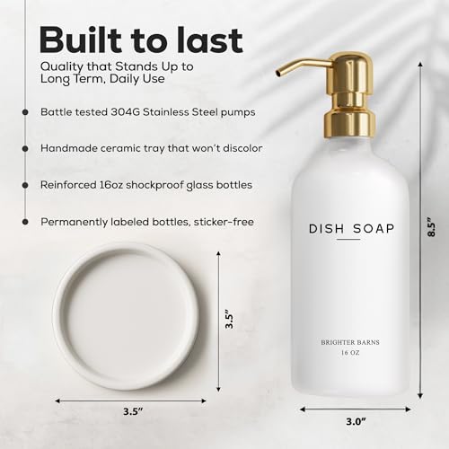 Luxury Glass Dish Soap Dispenser for Kitchen Sink by Brighter Barns - Modern Kitchen Soap Dispenser Set - Refillable Glass Pump Bottle and Tray - White and Gold Home Decor and Accessories, Gift (Gold) - color: Gold D
