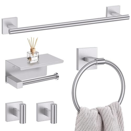 5-Piece Brushed Nickel Bathroom Hardware Set, SUS304 Stainless Steel Bathroom Accessories Set 23.6 inches Towel Bar, Toilet Paper Holder with Shelf, Towel Ring and Two Towel Hooks Wall-Mounted - color: Brushed Nickel, size: 5 Pieces - With Shelf