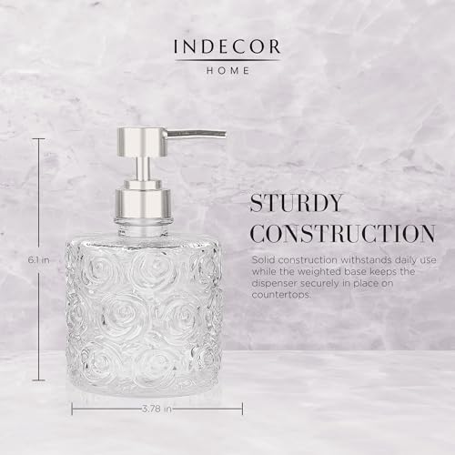 Marcella Glass Soap Dispenser with Soap Pump, Refillable 14 Ounce Capacity, Floral Design Rose Patterns, Heavy Weight Thick Glass for Bathroom, Premium Kitchen Soap Dispenser Clear - color: Clear