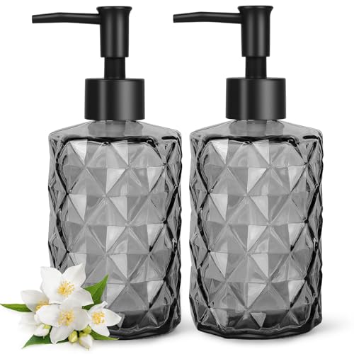 Topsky 2 Pack Glass Soap Dispenser with Black Plastic Pump, 330ml Liquid Hand Soap Dispenser, Rustproof Pump for Kitchen & Bathroom, Great for Lotions, Essential Oil, Liquid Soaps-Gray - color: Diamond-clear Black, size: Plastic Pump