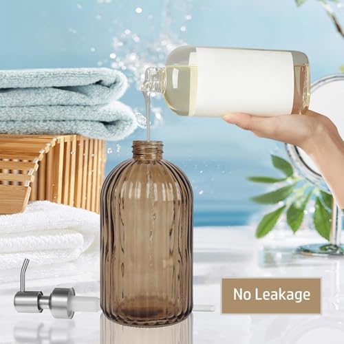 14Oz Brown Soap Dispenser Bathroom - 2 Pack, Clear Glass Hand Soap Dispensers with Stainless Steel Pump, Refillable Dish Soap Dispenser for Kitchen, Countertop Soap Dispensers - color: Brown（2-pack）