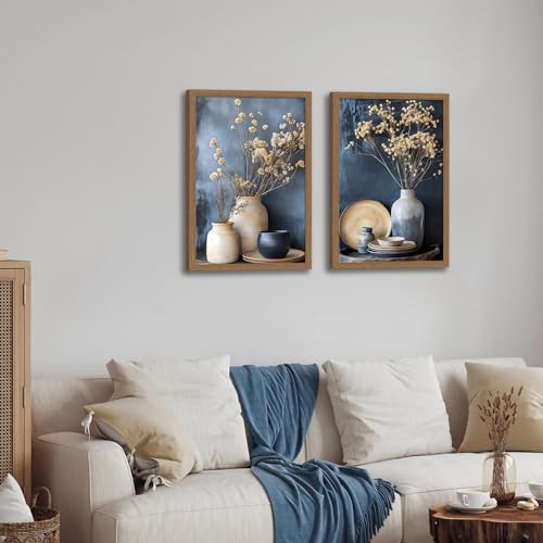Framed dried radish flower wall art Vintage floral ceramic kitchen wall decorations Farmhouse Countryside Still Life on Neutral Canvas for Dining Room Bedroom Living Room Wall Decor 16x24in - color: Earthenware pot radish flowers, size: 16x24 inches