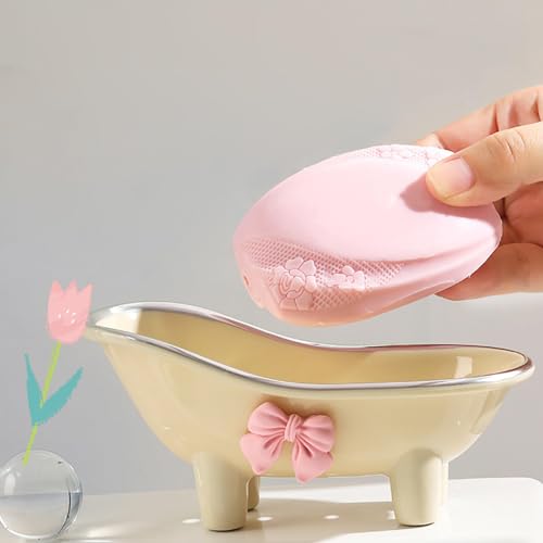 5.5" Soap Dish, Mini Bathtub Shape Soap Holder Container for Desktop Shower, Makeup Beauty Blender Organizer for Bathroom Decor
