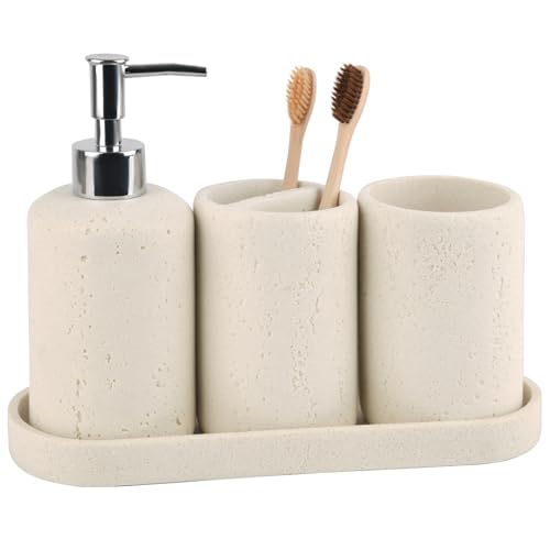 Bathroom Accessories Set,4 Piece Travertine Stone Look Bathroom Accessory Set with Soap Dispenser,Toothbrush Holder,Vanity Tray,Tumbler,Bathroom Organizer for Modern Bathrooms（Light Cream） - color: Light Cream