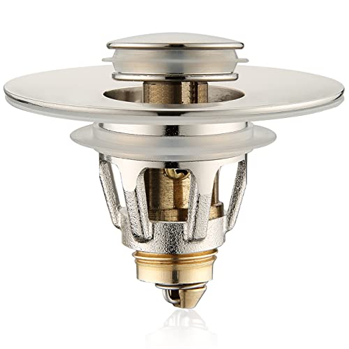 Universal Bathroom Sink Stopper - Bounce Wash Basin Drain Filter, Brushed Nickel Pop Up Drain Stopper, Bullet Core Push Type Sink Stopper, Sink Drain Plug with Anti-Clogging Strainer, for 1.1-1.5 inch - color: Brushed Nickel, style: Small Cover