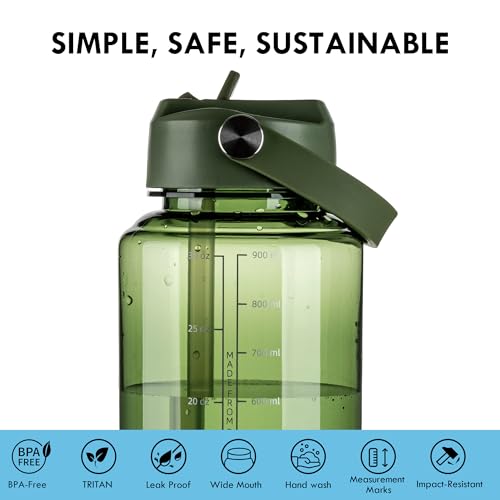 OLDLEY 32oz Water Bottle with Straw,Leakproof Tritan Clear Bottle with Marked Bottle and Carry Handle, BPA-Free Wide Mouth Reusable Sports Bottle for Gym,Hiking,Camping,Travel,Workout,Army Green - color: Army Green