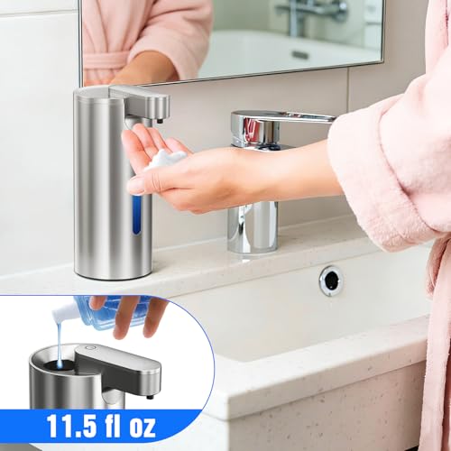 Fantictas Touchless Foaming Soap Dispenser, Stainless Steel Automatic Foam Soap Dispenser, USB-C Rechargeable Sensor Pump with 3 Adjustable Levels, 11.5 oz for Bathroom & Kitchen - color: Stainless Steel, style: Foam
