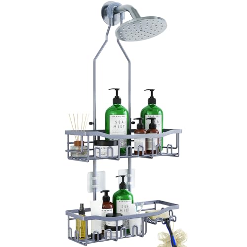 Upgraded Extended Length Shower Caddy Over Showerhead No Blocking to Showerhead, Rustproof Bathroom Organizers and Storage with Hooks Shampoo Soap Holder, Large Hanging Caddy, Grey - color: Grey - 2 Tier - Standard