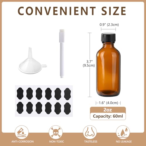 12 Pack 2oz Amber Boston Glass Bottle With Black Poly Cap, Funnel, Chalk Labels, Pen Dispensing Bottles for Homemade Vanilla Extract, Essential Oils, Herbal Medicine, Wedding Christmas Decor - size: 2oz 12Pack