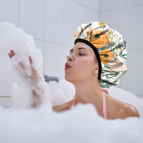 Luxury Shower Cap Terry Lined Reusable Triple Layer Waterproof Hair Elastic Caps Shower Bath Hat for Women Girls Cute Aesthetic-Orange Flower - color: AL1-Orange Flower