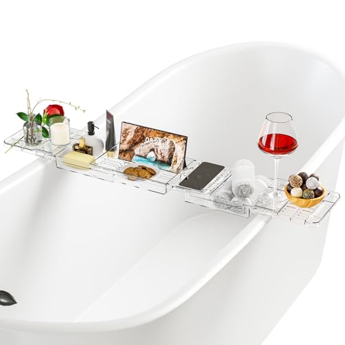 Expandable Acrylic Bathtub Tray for Tub, Bath Caddy Tray Table for Bathtub, Adjustable from 31.5 to 41 inch, Bathtub Rack fits Most Bathtubs and Bathroom Décor, Bath Tub Shelf Accessories for Women