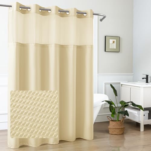 Mrs Awesome No Hook Shower Curtain with Snap-in Liner Less Time On/Off, Embossed Waffle-Look Textured Fabric Shower Curtain for Bathroom, Soft & Lightweight, 71x74, Beige - color: Beige, size: 71"W x 74"L (Pack of 1)