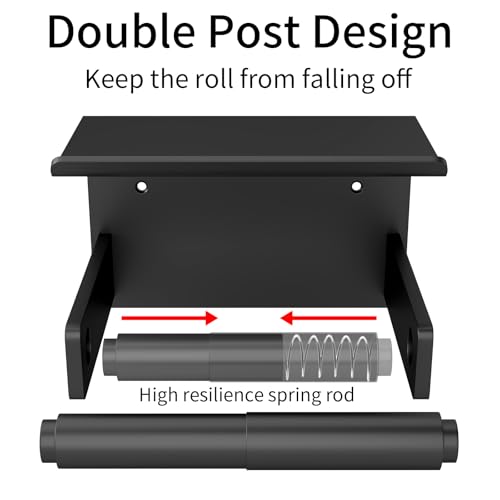 Bethom Toilet Paper Holder with Shelf Wall Mount, Self Adhesive or Screw in, Tissue Holder for Bathroom Washroom RV with Spring Rod, Matte Black