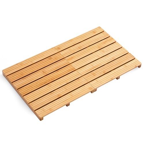 Foldable Bamboo Bath Mat for Shower, 31.49" x 17.71" in Non-Slip Wood Bathroom Rug, Quick-Dry Waterproof Carpet for Indoor Outdoor Use by Sink, Tub, Pool - size: 31.5" x 17.7" (Rectangular)