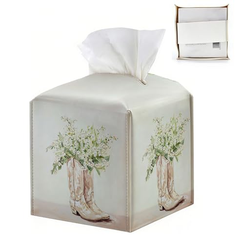 Vintage Flroal Tissue Box Cover Square, Western Tissue Box Decorative Vintage Cowgirl Boots Decor Tissue Holder, Retro Farmhouse PU Leather Cottagecore Decor for Bathroom Kitchen Desk 5.4x5.4x5.3 - color: Vintage Boots Flroal