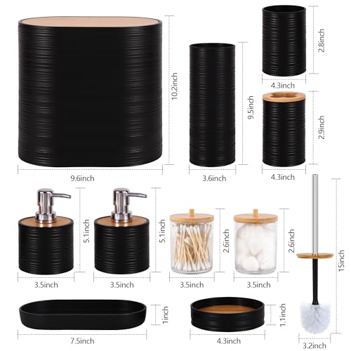 Bathroom Accessory Set,10 PCS Black Bathroom Accessories Set with Trash Can, Toothbrush Holder, Soap Dispenser, Toothbrush Cup, Vanity Tray, Soap Dish, Toilet Brush, Qtip Holders - color: Black