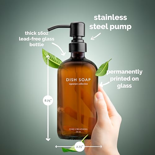Vine Creations Amber Glass Soap Dispenser Set, Dish Soap and Hand Soap Dispenser Set with Stainless Steel Pump, 16 oz Glass Dispensers for Kitchen or Bathroom Decor (Amber Bottle/Matte Black Pump) - color: Amber Bottle / Matte Black Pump