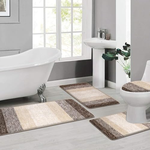 Bsmathom Bathroom Rugs Sets 4 Piece with Toilet Cover, Plush Shaggy Bathroom Rugs Non Slip Washable, Absorbent Microfiber Bath Mat Set with U-Shaped Contour Toilet Mat, Dark Coffe - color: Dark Coffee, size: 20"x31"+20"x59"+U20"x24"+Cover19"x21"