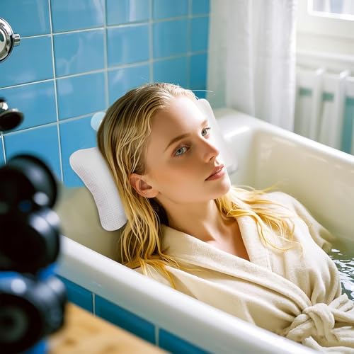 EORTA Inflatable Bathtub Pillow Anti-Slip Aerated Bath Pillow with Suction Cup Spa Bath Cushion for Head Neck Rest Relax, Home, Bathroom, White, 13.8"X7.8"