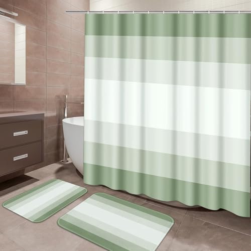 ArtSocket Sage Green Ombre Bathroom Set with Shower Curtain and Bath Rugs and Accessories, Striped Modern Neutral Non-Slip 3 Piece Set, 72"L x 72"W Curtain with 23.6"L x 15.7"W + 19.7"x 31.5" Rugs - color: Sage Green Ombre
