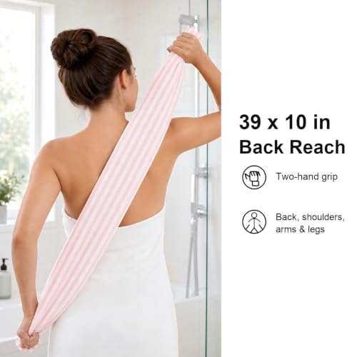 Exfoliating Shower Towel, Cotton-Blend Back Scrubber（Pink） | 39 x 10 in, dual-sided texture, quick-dry mesh, washable for home, gym, travel - color: Pink