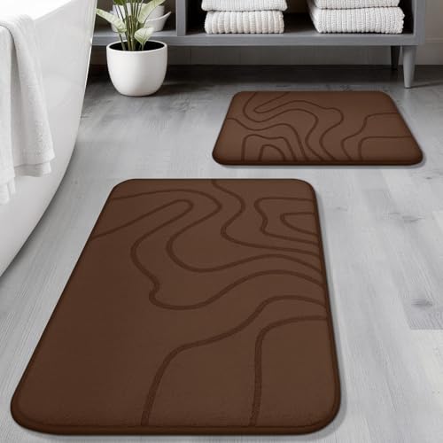 YIHOUSE Memory Foam Bathroom Rugs Sets 2 Piece - Extra Thick Ultra Soft Absorbent Bath Mat Set, Non-Slip Machine Washable Bath Rugs for Bathroom, Tub & Shower, Home Decor (32"x20"+24"x17", Coffee) - color: Coffee, size: 1'5" x 2'8" (17"x24"+20"x32")