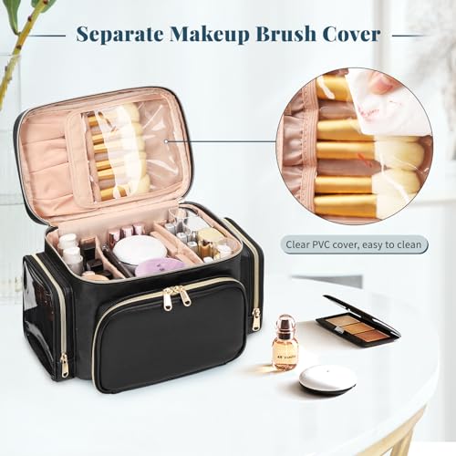 Bagmoly Large Makeup Bag, Portable Travel Makeup Bag Organizer for Women Girls with Makeup Brush Compartment & Two Side Pockets, Cosmetic Travel Bag Vertical Storage Toiletry Bag - Black - color: 01-Black, size: Medium