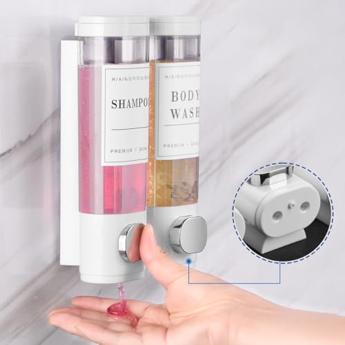 Shampoo and Conditioner Dispenser Bathroom Shower Soap Dispenser Wall Mounted Shampoo Dispenser for Shower Wall No Drill 2 * 300ml White 2 Chamber with Waterproof Labels Self - color: White 2
