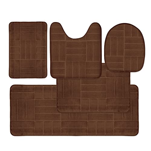 5 Piece Bathroom Rugs Set - Soft Non Slip Memory Foam Large Mats - Perfect Combination of Luxury and Comfort (Brown/Line Design, 5 Piece Set) - color: Brown/ Line Design