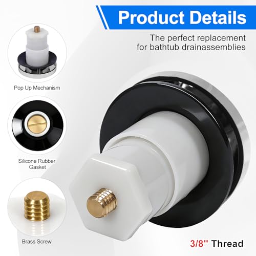 1 Pack 1068204 Bathtub Drain Stopper Replacement and Cover Compatible with Kohler Bathtub K-7272 K-7271 K-7259 K-7265, Bathroom Pop Up Tub Drain Stopper with 3/8'' Thread Studs (Chrome Cover) - color: Chrome Cover