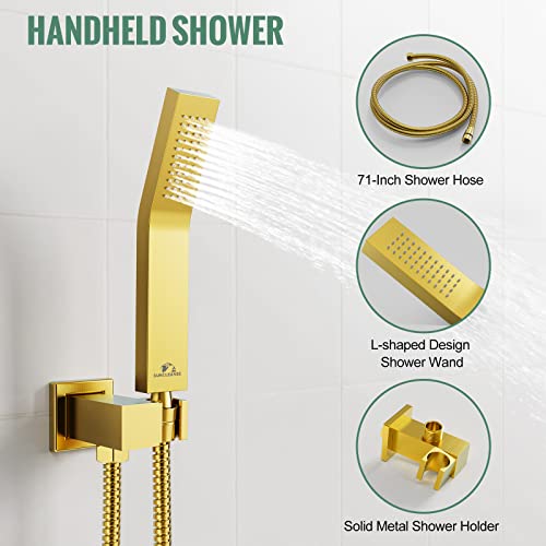 SunCleanse Rainfall Shower System Brushed Gold Ceiling Mounted Shower System Combo Set with High Pressure 12 Inches Square Rain Shower Head Handheld and Shower Faucet Rough-in Mixer Valve and Trim - color: Brushed Gold, style: 12-ceiling
